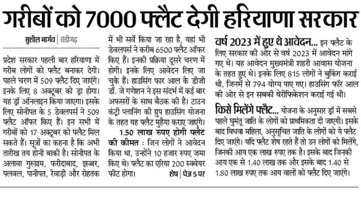 Haryana government will give 7000 flats to the poor, new scheme started