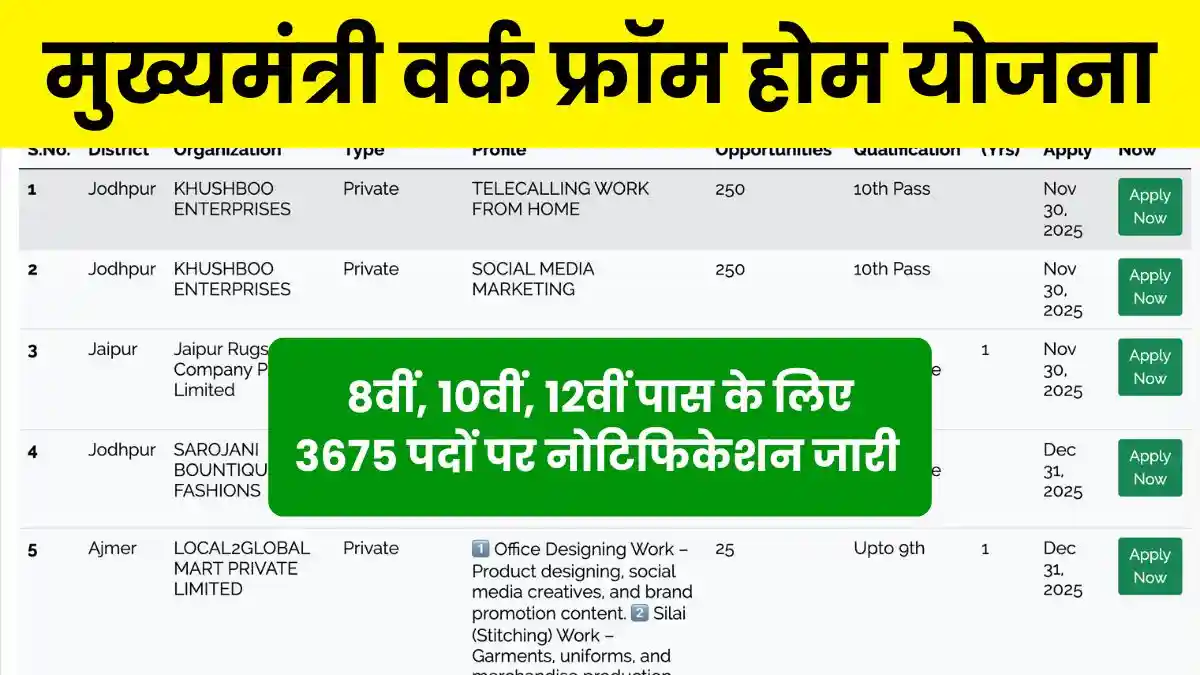 Rajasthan Work from Home Job: मुख्यमंत्री वर्क फ्रॉम होम योजना का नोटिफिकेशन जारी